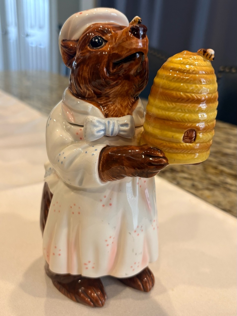 Ceramic Bear Figurine Honey Pot - Yellow Beehive Accent